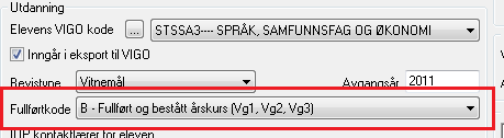 Hvor plassert i TP Modul>Elev>Elev Registrering og rutiner i TP Ved inntak fra Vigo settes fullførtkoden til blank. Fullførtkodene skal settes ved skoleårets slutt når alle resultatene foreligger.