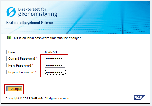 Åpne påloggingswebsiden på nytt: https://solman.lp.sfso.no. Fyll ut følgende: User: din bruker-id. Password: passordet som du fikk på e-post. Trykk Enter-tasten eller klikk på knappen Log on.