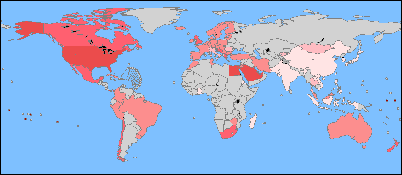 Prevalens overvekt The darkest red areas on the map (Pacific islands) represent obesity rates of 40% or more.