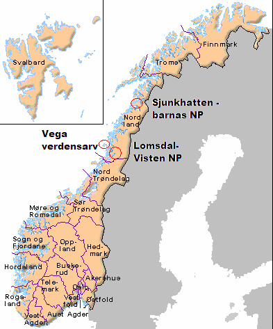 2 BESKRIVELSE AV CASEOMRÅDER I Nordland fylke ser vi på tre caseområder: Sjunkhatten barnas nasjonalpark, Lomsdal-Visten nasjonalpark og Vega verdensarvområde. Disse er markert på kartet i Figur 2.