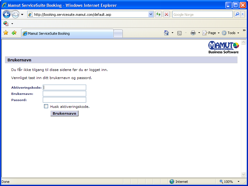 INNLOGGING Innlogging Logge inn til Mamut ServiceSuite Planlegging på Internett For at en bruker skal kunne logge inn til Mamut ServiceSuite via Internett, må detaljene være oppdatert på Internett.