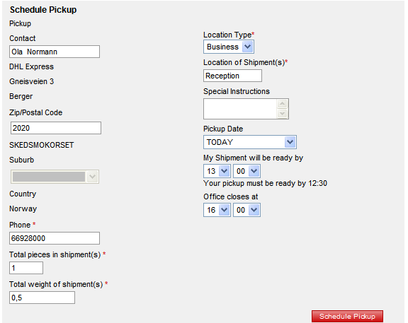 8 Bestill opphenting Schedule Pickup 1. Legg inn evt. endringer 2.