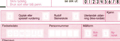 Attester og vitnemål skal du sende inn når du senere mottar omslagsark. Søknadsskjemaet skal leses maskinelt. Derfor er det viktig at du ikke bretter skjemaet, og at du bruker konvolutt i C4-format.