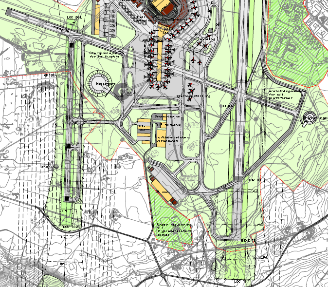 70 Figur: Ny parallell rullebane og forlengelse av RWY 18-36 mot sør jf. MP2010, fase 3 Baneløsningen fra forrige strategiplan var i utgangspunktet tenkt videreført i gjeldende strategiplan.