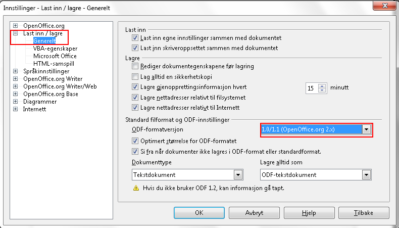 9.3.1 Konfigurere ODF-formater i OpenOffice Writer OpenOffice Writer lagrer som standard i ODF-versjon 1.2. Skal du følge Statens referansekatalog må du lagre dokumenter i ODFversjon 1.1. 1. Gå til Verktøy (alt+e) på menylinjen og velg Innstillinger (i).