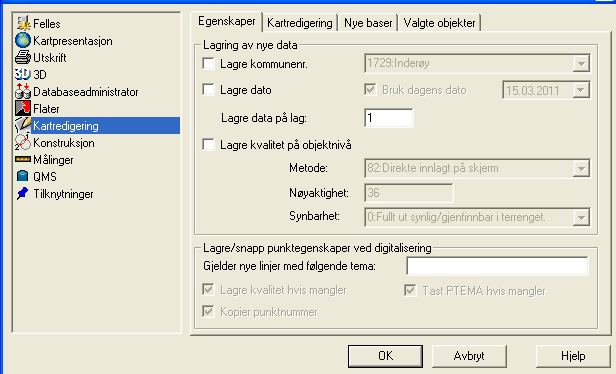 3.2.3. INNSTILLINGER KARTREDIGERING Velg Fil Innstillinger Kartredigering, fane Egenskaper. Ikke hak av for lagring av egenskaper på nye data.