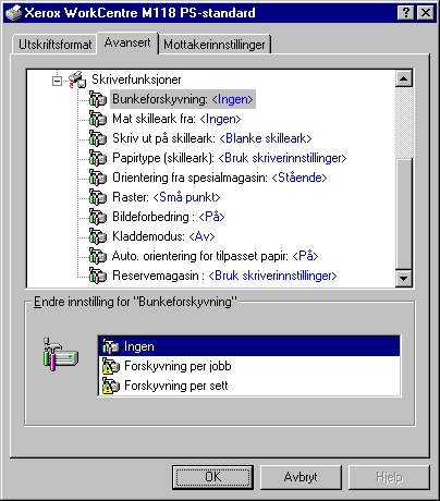 3 Bruk i Windows NT 4.0 Innstillinger i kategorien Avansert Denne delen beskriver innstillingene under Skriverfunksjoner i kategorien Avansert.