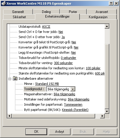 4 Bruk i Windows 2000, Windows XP og Windows Server 2003 Innstillinger i kategorien Enhetsinnstillinger Denne delen beskriver installerbare alternativer i kategorien Enhetsinnstillinger.