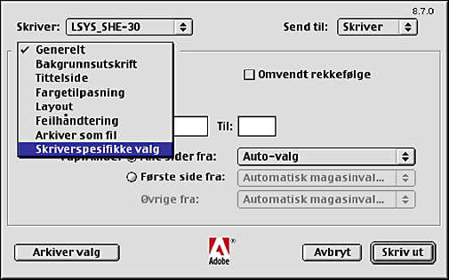 5 Bruk på Macintosh-datamaskiner Innstillinger Minne viser størrelsen av skriverminnet. Tosidigmodul angir om det er er installert en tosidigmodul.