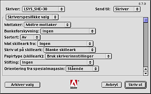 5 Bruk på Macintosh-datamaskiner 3. Angi funksjonene du vil konfigurere. Innstillinger Denne delen beskriver innstillingene i listen Skriverspesifikke valg.