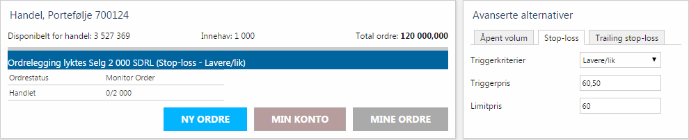 STOP-LOSS En stop-loss ordre aktiveres hvis kursen (sist omsatt) når oppgitt stop-loss trigger. Ved salg må triggerverdien være høyere eller lik din limit for å sikre at ordren effektueres.