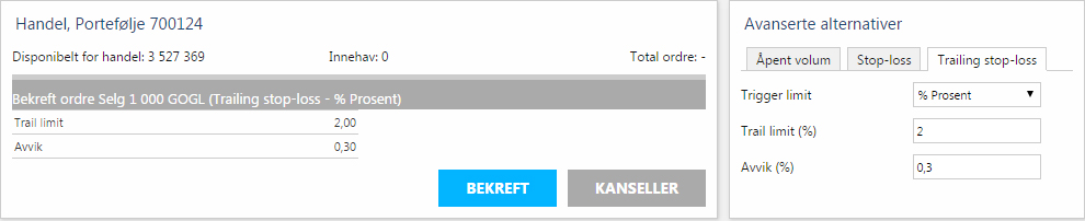 EKSEMPEL Eksempel på trailing stop (%) - salgsordre 1.