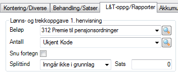 1. Behandlingskode 20 vil begrense trekket i forhold til Grunnbeløpet i Folketrygden. Mindre enn 12G fullt trekk Over 12G ikke trekk 2. Satsen settes til 0,02 som tilsvarer 2 % 3. Gen.