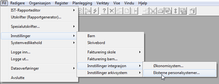 3 Innstillinger Eksterne personalsystemer. Ansvarlig for Eksterne personalsystemer vil ha et eget menypunkt som krever at brukeren er tildelt rettighet for dette.