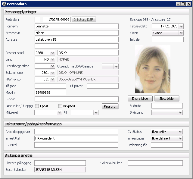 Merk: Fødselsnummer er ikke obligatorisk i Enterprise Rekruttering, men kan vedlikeholdes på persondata under søkerdetaljer.