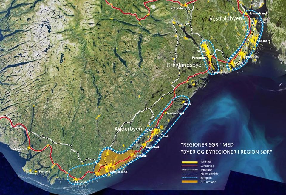 5.3 Byer og byregioner i Sør I 2007 tok Statens vegvesen region sør tok initiativ til et bystrategiprosjekt om areal- og transportutvikling i byområdene i region sør.