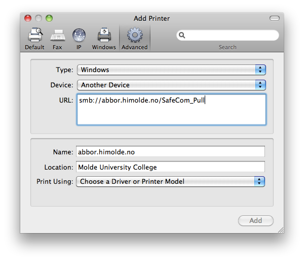 Steg 5 Klikk på det nye "Advanced"-ikonet, og velg «Windows» i det øverste valget for "Type". I URL-feltet skriver du inn: smb://abbor.himolde.no/safecom_pull Skriv et passende navn i «Name»-feltet.