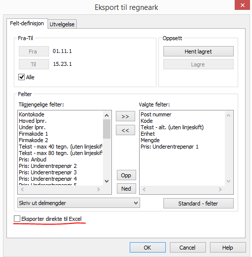 Eksport til Excel (Format: kolonne) Det er mulig å eksportere poster med priser til regneark for videre bearbeiding dersom dette er nødvendig. For å eksportere en beskrivelse til regneark (f.eks. Excel) velger du Fil -> Eksport -> Regneark.