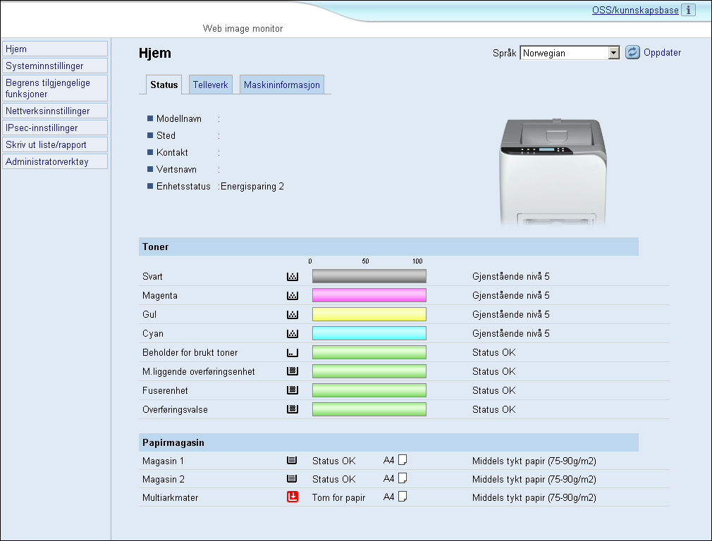 Vise toppsiden Vise toppsiden Denne delen forklarer hvordan du viser Web Image Monitor og toppsiden. Vise toppsiden til Web Image Monitor 1. Start nettleseren. 2.