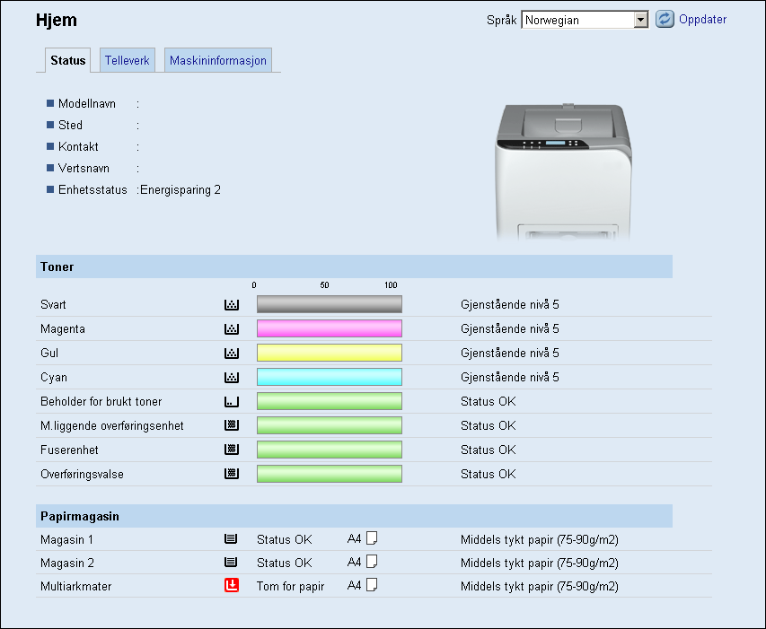 Kontrollere systeminformasjonen Kontrollere systeminformasjonen Klikk på [Hjem] for å vise hovedsiden til Web Image Monitor. Du kan kontrollere gjeldende systeminformasjon på denne siden.