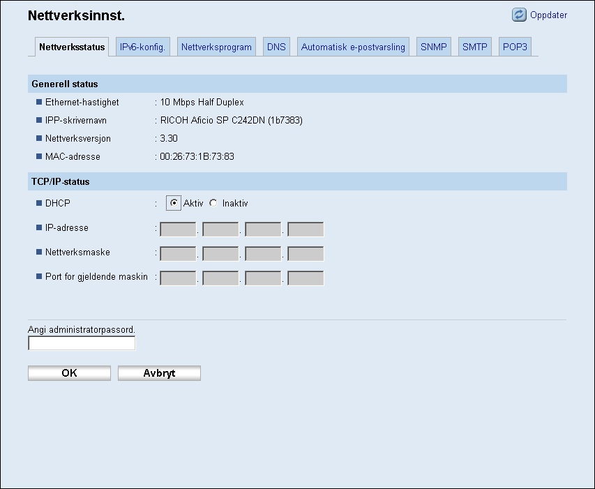 6. Overvåke og konfigurere skriveren Konfigurere nettverksinnstillingene Klikk på [Nettverksinnst.] for å vise siden for konfigurasjon av nettverksinnstillinger.