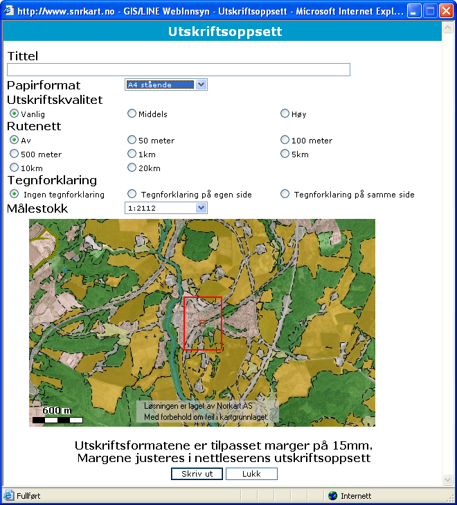 Målestokk: Velg hvilken målestokk du skal skrive ut kartutsnittet i. Rød boks rundt utsnitt i kartet vil endres ut i fra den målestokk som velges.