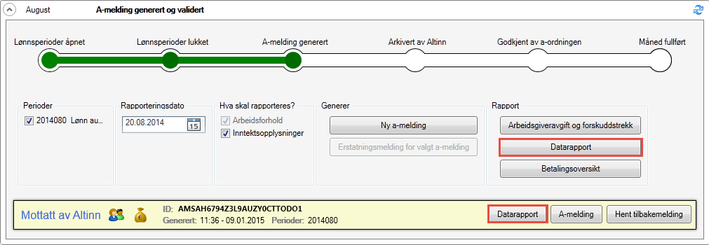 Betalingsoversikt viser informasjon fra Altinn om hva som skal betales i skatt og avgift. Datarapport Dette er en rapport som viser en oversikt over innsendte data til a- ordningen.