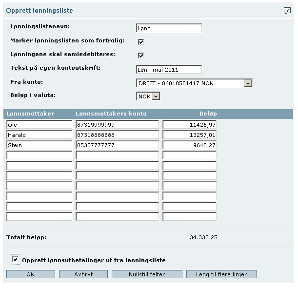 Lønningslister Sidehjelp Du kan få ytterligere hjelp til å fylle ut de enkelte feltene på siden.