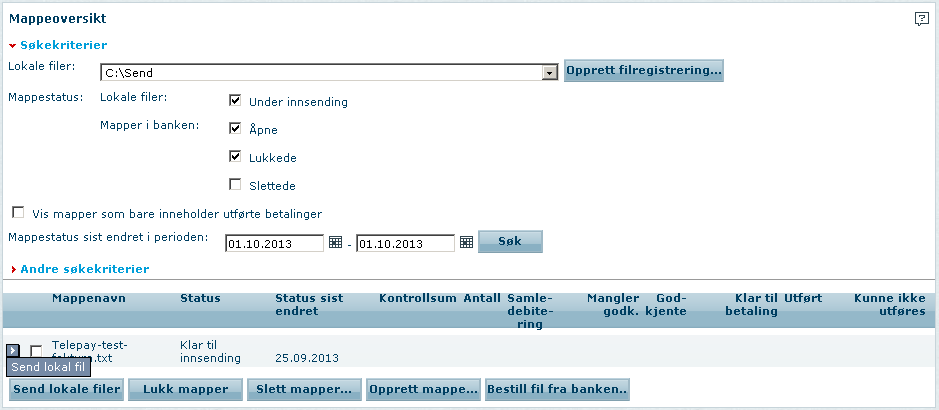 Vis filer til banken Hvis du oppretter betalinger i ditt økonomisystem, og vil sende dem til banken via Business Online, skal det skje via Filer og Filer til banken og Vis filer til banken.