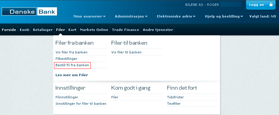 Vis filer fra banken og Filbestillinger Ønsker du en annen plassering enn standardplasseringen c:\banken\filerfrabanken\ for en enkelt filtype, skal du først velge filtype i nedtrekksmenyen.