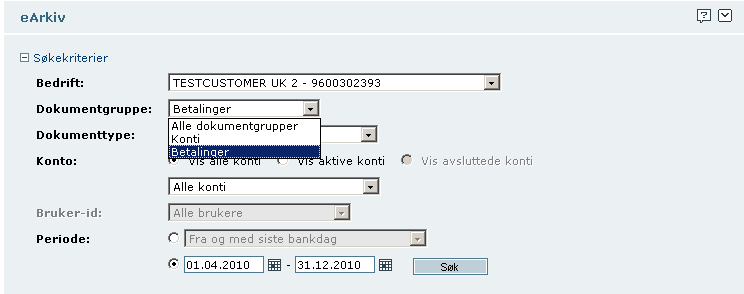 earkiv Generelt Menyvalg earkiv er bankens elektroniske arkiv i Business Online. Med earkiv får du tilgang til å se flere forskjellig typer dokument, bl.a. Melding om innbetaling og Kontoutskrift.