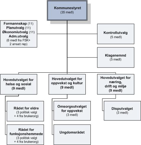 Kommunestyret (35 medlemmer) er kommunens øverste politiske organ. Kommunestyret gjør vedtak på vegne av kommunen så langt ikke annet følger av lov eller delegeringsvedtak.