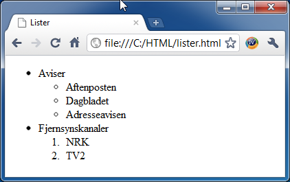 Webside: Eksempel på lister (lister.html) Tabeller En annen måte å organisere informasjon på en webside på er å bruke tabeller. Tabeller består av celler definert ved rader og kolonner.