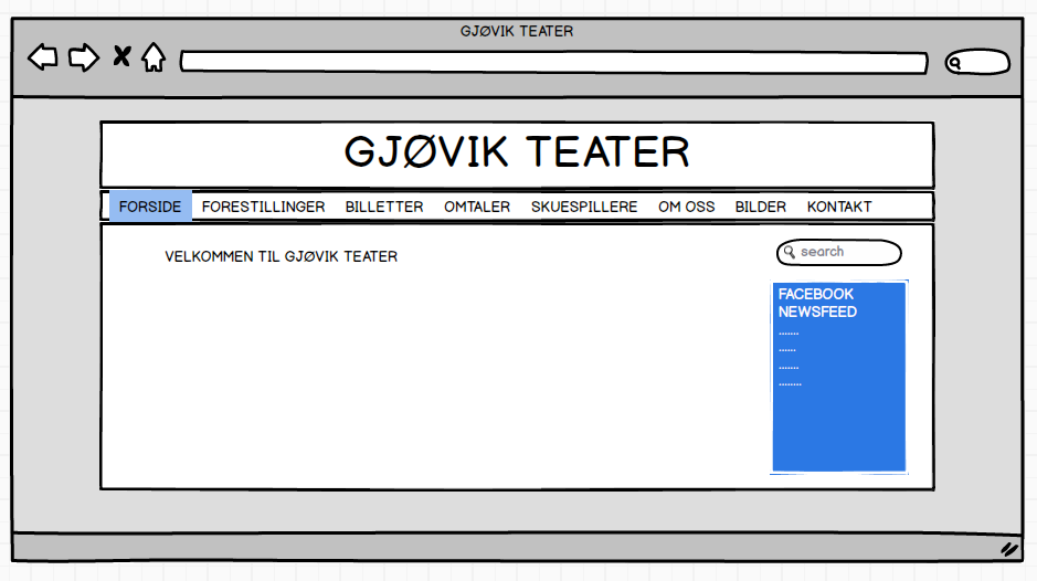 7.4.2 Design av utseende, funksjonalitet og struktur Både ut ifra den komparative studien, personas og kravene fra Gjøvik Teater så er vi enige om at vi skal lage en nettside som er enkelt,