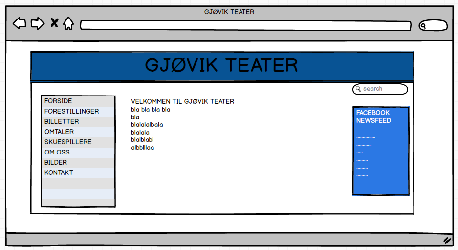 Figur 19. Skisse 2 nettside Gjøvik Teater Vi lagde to skisser til Bjørn. En med vertikal meny, og en med horisontal meny. Bjørn ville gå for skisse 1 med liggende topp-meny.