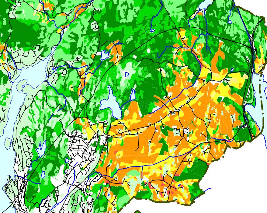 Samfunnsøkonomisk analyse Figur 4-51: Skog- og jordbruksressurser i Frogn kommune (25). Skogen i området er gitt liten til middels verdi mens dyrket mark er gitt stor verdi.