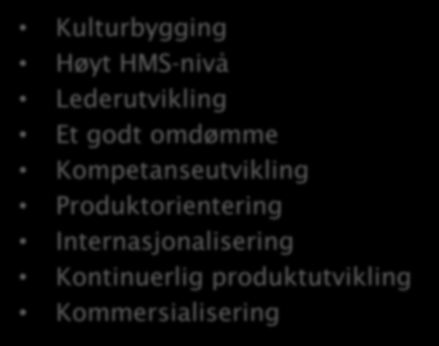 MÅL OG KRITISKE SUKSESSFAKTORER Våre hovedmål: Drømmearbeidsplass i bransjen Markedsledende på løsninger knyttet til vanskelig tilkomst Betydelig andel internasjonal virksomhet Globalt