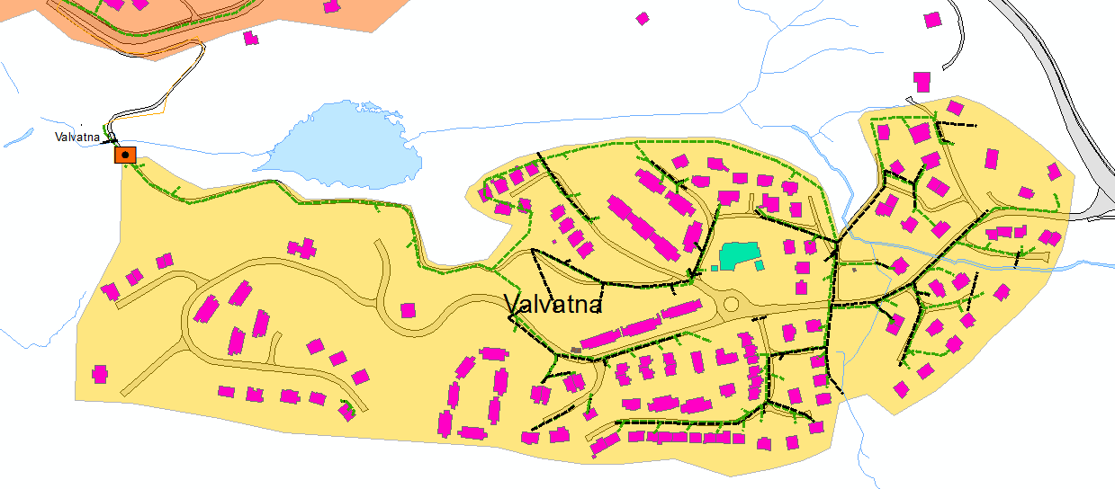 2.3.4 Valvatna Figur 12: Målesone Valvatna. Målepunkt markert med nedst i målesona. Tilrenningsareal til målaren avgrensa med gult. Rosa bygg er bustader, grøne er offentlege bygg.