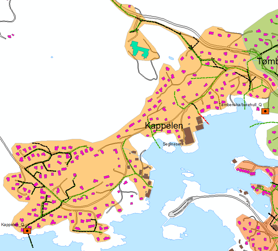 2.3.8 Kappelen Figur 16: Målesone Kappelen. Målepunkt markert med nedst i målesona. Målesona Kappelen består stort sett av bustader. Leidningsnettet er eit delvis verksamt separatsystem.