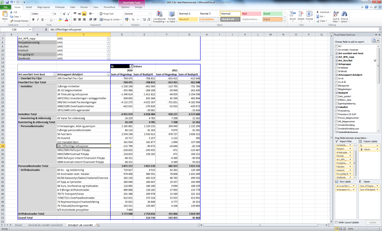 5.3 Akkumulert resultat Det er to metoder for å finne akkumulert resultat i excel. 5.3.1 Grand total på rad nivå Stå i et hvilket som helst felt i pivot tabellen og klikk på høyre musetast.