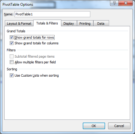 Velg PivotTable Options. Velg arkfane Totals & Filters, og kryss deretter av for Show grand totals for rows. Trykk ok.