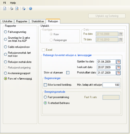 2.11.3 Ny rapport Forventet refusjon v/lønnsoppgjør I menyvalg Fravær Rapportering Utskrift Refusjon kan du kjøre rappporten Forv.ref.v/lønnsoppgj. Du skal kjøre denne rapporten hvis du skal sende inn korrigert I&S-skjema ved varige lønnsendringer.