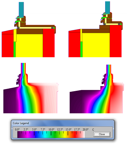 Figur 41 THERM-modeller og temperaturfordeling for to vindusplasseringer i skallmurvegg av tegl. 5.3.2.