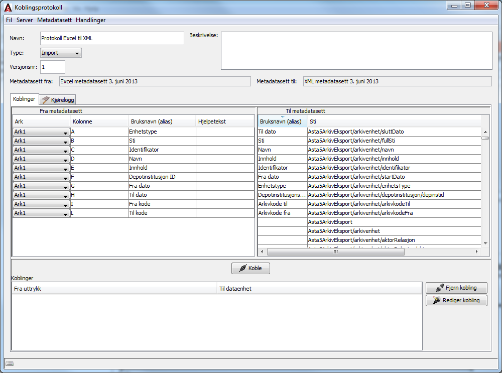 FRA EXCEL TIL XML (ASTA) Man kan koble fra Excel til XML på samme måte. Man oppretter på samme vis to metadatasett og en koblingsprotokoll.