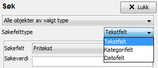 DEFINERE SØKEKRITERIER Etter å ha valgt type, defineres søkekriteriene. Søkefeltene er delt i tre: 1) Tekstfelter (Standardvalg): Søker i felt hvor data er registrert som fritekst.