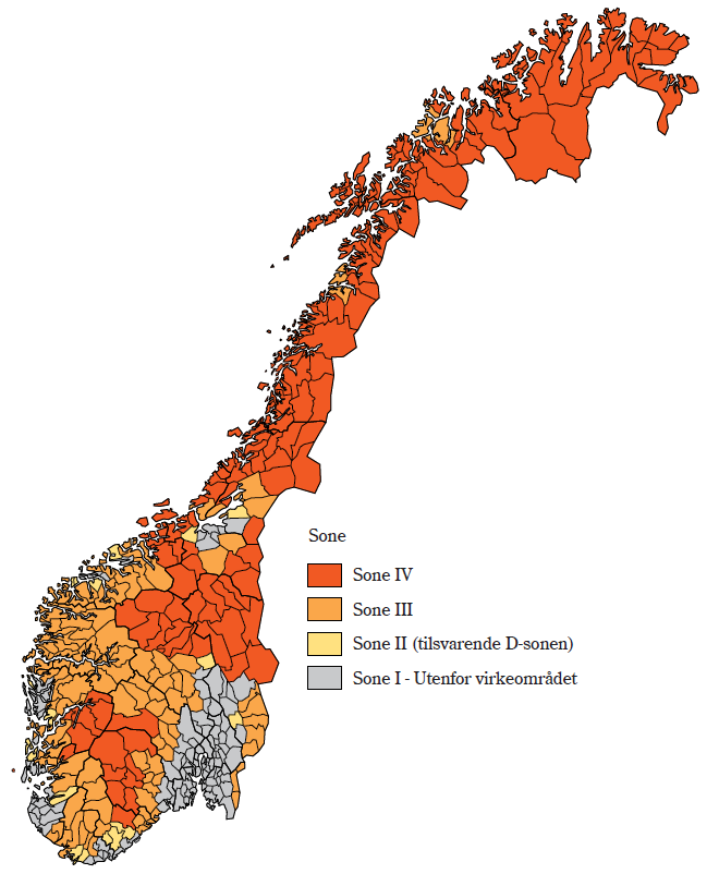 EVALUERING AV DESIGNPROGRAMMET 15 Sone 1 utgjøres av de mest sentrale kommunene og er den sonen som prioriteres lavest med hensyn til bruk av offentlige virkemidler, mens sone 4 består av de minst