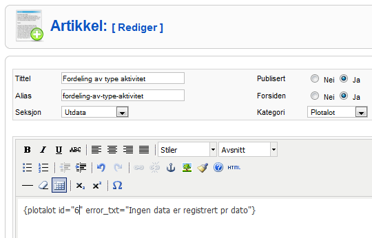 Når vi har fått laget den spørringen vi vil bruke kopieres den inn i feltet Plot 1. Velg Bruk og resultatet vises slik. Velg Save/lagre.