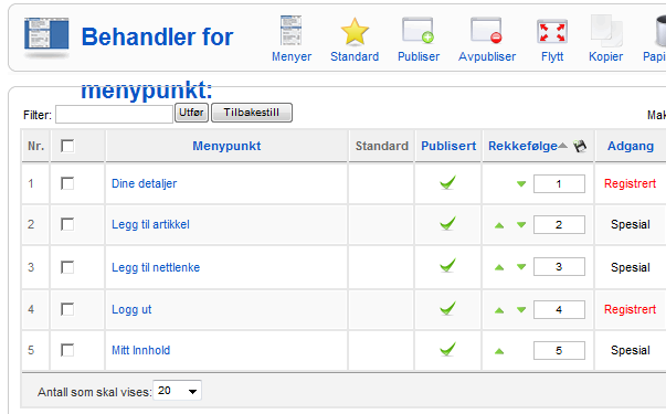 Menyen er en modul. Modulen finnes under Utvidelser/moduler Her kan du se plassering og tilgangsnivå. Legg merke til at Brukermeny er kun tilgjengelig for alle som er registrert på siten din.