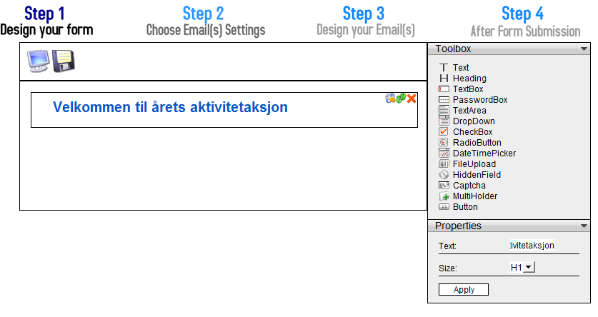 Under menyvalget Komponenter finner du Chrono Forms og Forms management Velg Form Wizard. Dette vil åpne skjema i veivisermodus. Her skal vi dra de ulike elementene ut på lerretet.