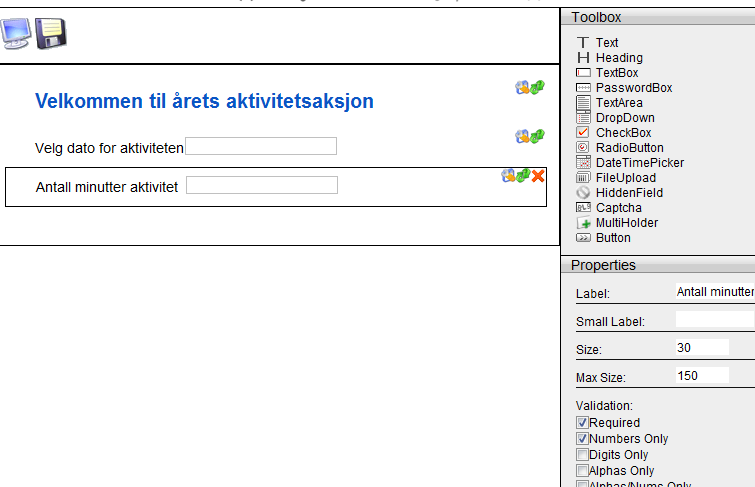 Vi skal så ha inn en datovelger. Sett inn ønsket tekst i feltet Label. Dersom du ønsker å sikre at dato er valg, må du huke av i feltet Validation [Required].